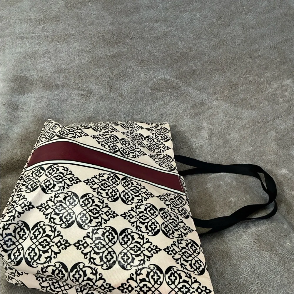 Brighton Damask Print Tote Bag Beige Black Burgundy, Logo Accent, Inner Pockets